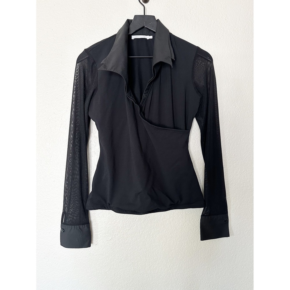 Anne Fontaine Sabine Black Wrap Top Sheer Mesh Long Sleeve Blouse Size 42